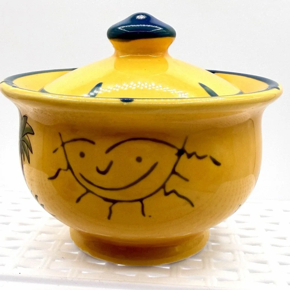 Vintage Pottery Barn Safari Creamer & Sugar Bowl Set Yellow Animals Jungle